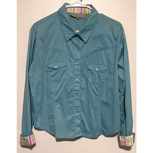 Double D Ranch Shirt Women’s Large Teal Blue Pearl Snap Striped Western Rodeo